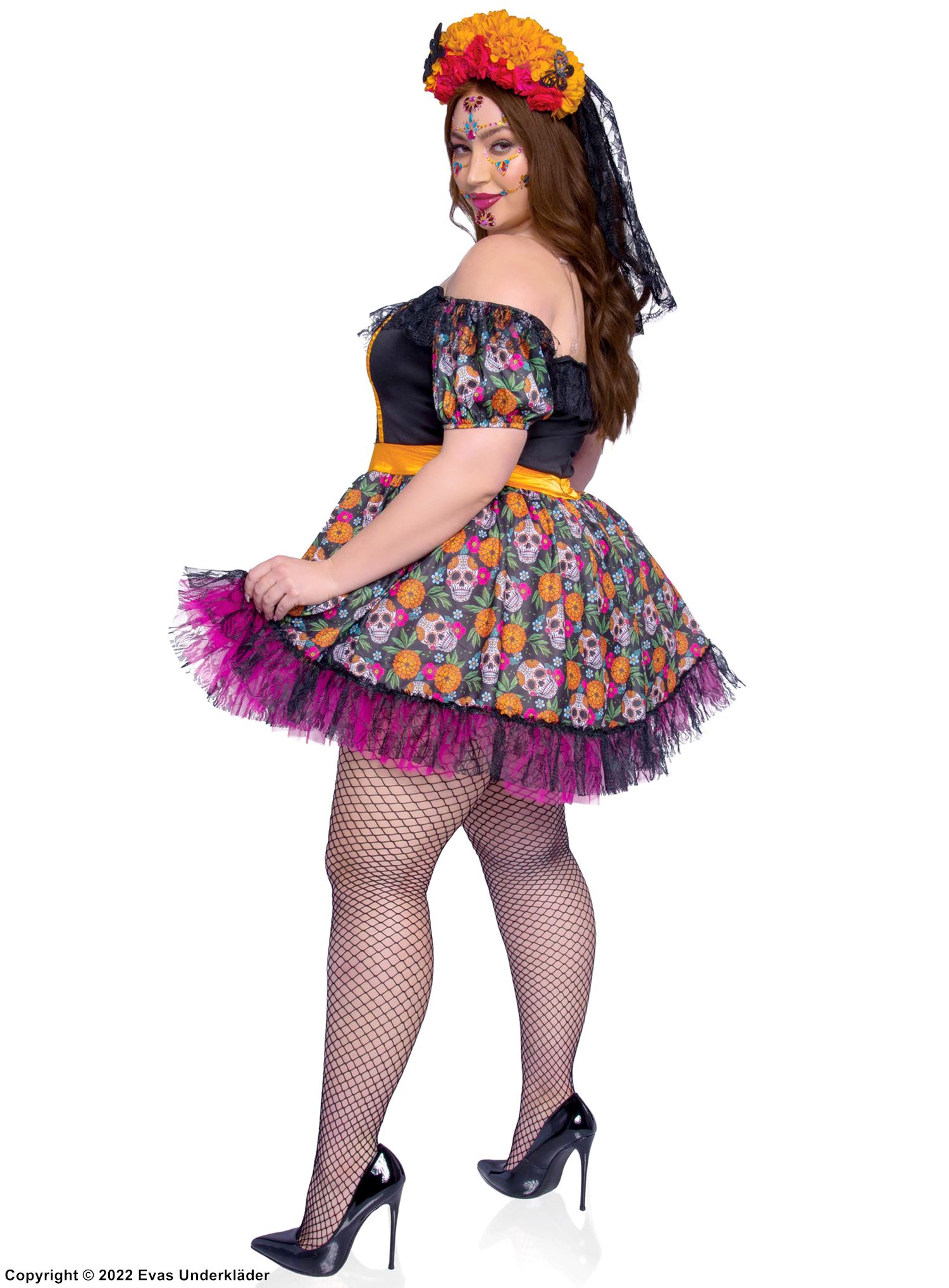 Day of the Dead, costume dress, lace trim, sugar skull (Calavera), cold shoulder, puff sleeves, plus size